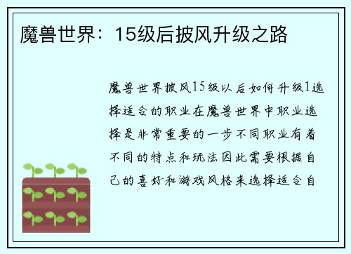 魔兽世界：15级后披风升级之路